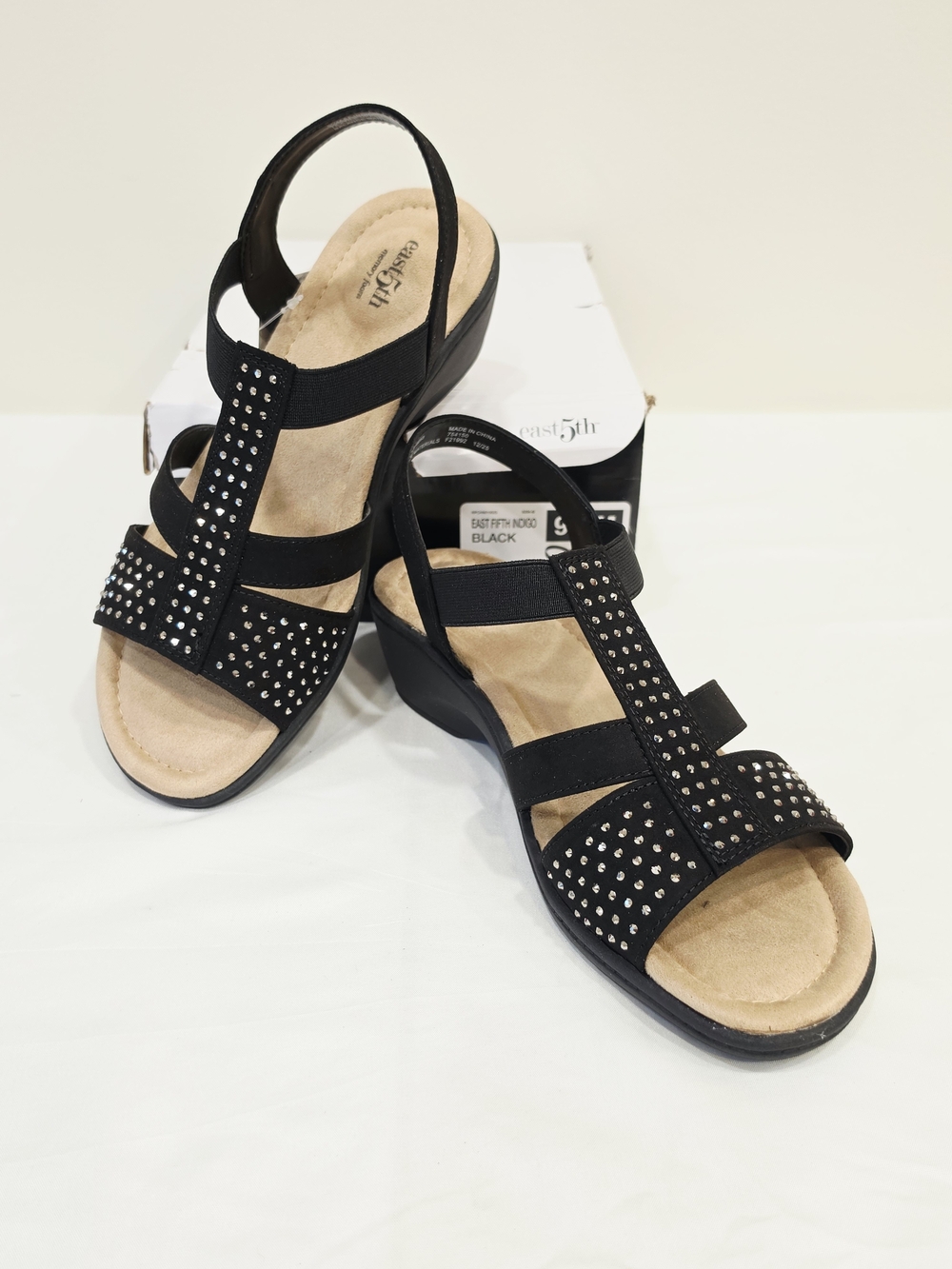 East 5th Indigo Black Studded Elastic Slingback Sandals w/Low Wedge US Size 9.5